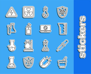 Set line Mortar and pestle, Pipette, Laboratory glassware beaker, Test tube flask chemical, wash bottle, High voltage sign and Bacteria on laptop icon. Vector