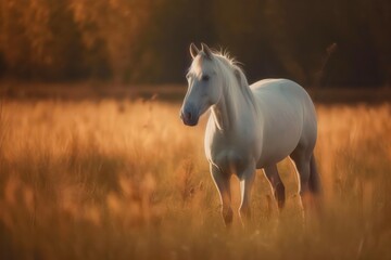 Fototapeta premium Beautiful wild white horse is walking across the field. Generative AI.