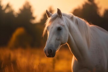 Obraz na płótnie Canvas Portrait of a beautiful white horse outdoors. Generative AI.