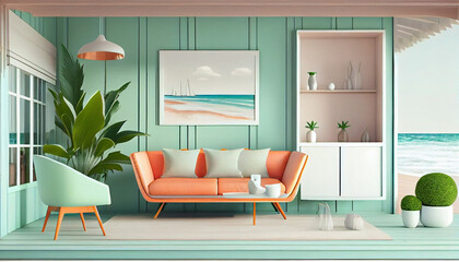 modern living room with furniture in beach generative ai art