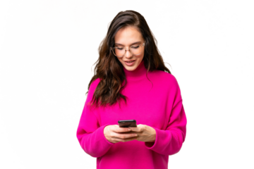 Young caucasian woman isolated over isolated background sending a message with the mobile