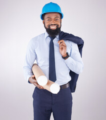 Black man, architect and studio portrait with blueprint for design, project and property by white...