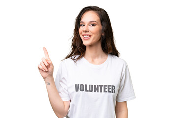 Young volunteer caucasian woman over isolated background showing and lifting a finger in sign of the best