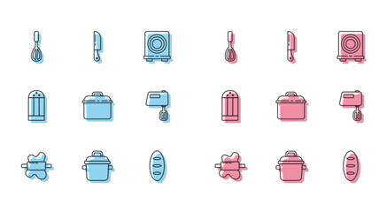 Set line Rolling pin on dough, Cooking pot, Kitchen whisk, Bread loaf, Electric mixer, Salt and Knife icon. Vector