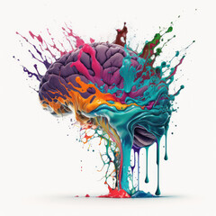 Bright 3d Human Brain in multi-colored splashes on a white background, a metaphor for joy, ideas, creativity
