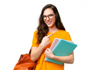 Young student caucasian woman over isolated background pointing to the side to present a product