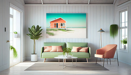 modern living room with furniture in beach generative ai art