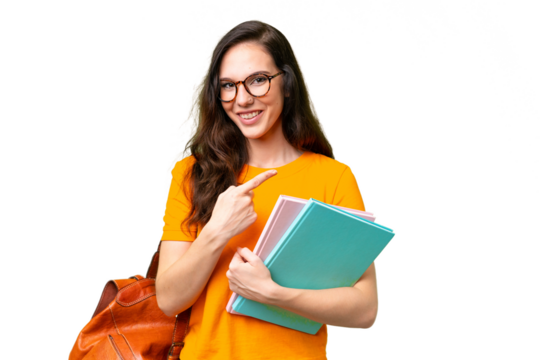 Young student caucasian woman over isolated background pointing to the side to present a product