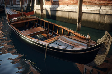 Fototapeta na wymiar Gondola boat on the canal of Venice close up. Travel in the Italian city of Veneto. Famous traditional water transportation symbol. Ai generated