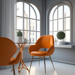 Cozy modern living room interior with orange armchair and decoration room big window in the background, Generative AI
