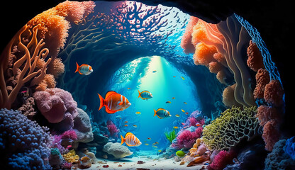 Colorful tropical fish life in the coral reef in cave under water sea world, Generative AI