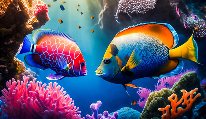 Fototapeta premium Colorful tropical fish life in the coral reef, animals of the underwater sea world, Generative AI