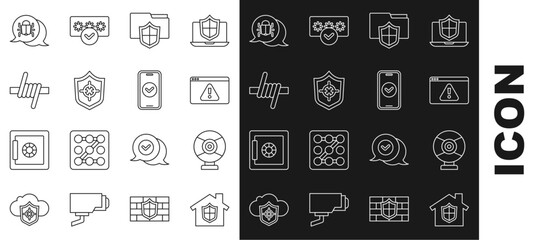 Set line House under protection, Security camera, Browser with exclamation mark, Document folder, Shield, Barbed wire, System bug and Smartphone icon. Vector