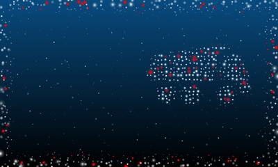 On the right is the truck symbol filled with white dots. Pointillism style. Abstract futuristic frame of dots and circles. Some dots is red. Vector illustration on blue background with stars