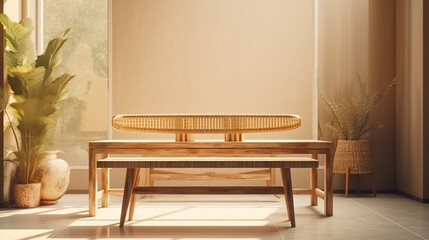 Blank wooden table counter in modern, luxury brown tropical design cafe, coffee table, rattan chair in sunlight from glass window to outdoor garden on beige wall. Interior background 3D