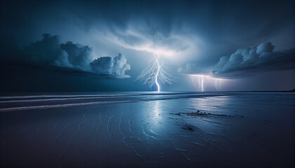 Lightning, thunder cloud dark over the beach created with Generative AI technology