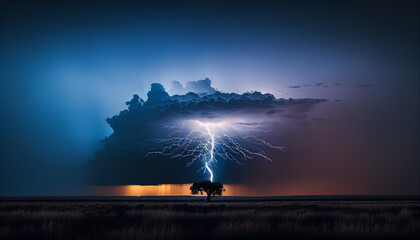Lightning, thunder cloud dark over the tree created with Generative AI technology