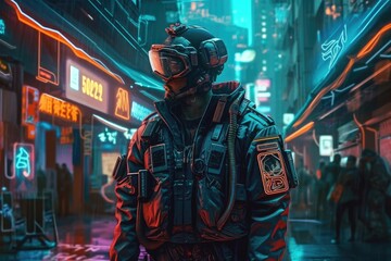 Fototapeta na wymiar Soldiers patrol the shady yet alluring night streets of the cyberpunk world, illuminated by neon lights that glow eerily 26