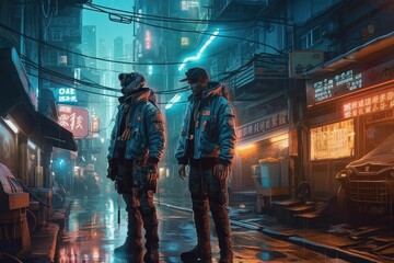 Fototapeta na wymiar Soldiers patrol the shady yet alluring night streets of the cyberpunk world, illuminated by neon lights that glow eerily 17