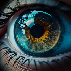 Closeup of blue eye pupil. Futuristic 3d rendering human eye illustration.