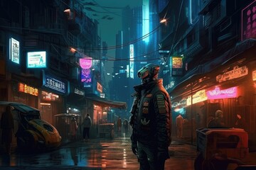 Fototapeta na wymiar Soldiers patrol the shady yet alluring night streets of the cyberpunk world, illuminated by neon lights that glow eerily 16