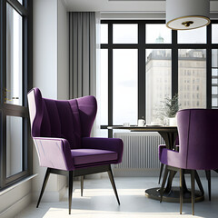 Cozy modern living room interior with purple armchair and decoration room big window in the background, Generative AI
