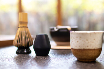 Bamboo whisks and clay tea cup. Matcha whisk and accessories, green tea making set.
