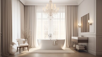 beautiful master bathroom contemporary interior design bathtub with morning sun light from window, image ai generate
