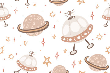 Vector hand drawn kids seamless repeating color simple flat pattern with different planets and ufo background. Seamless pattern with planets. Space. Mars, Saturn, the moon.