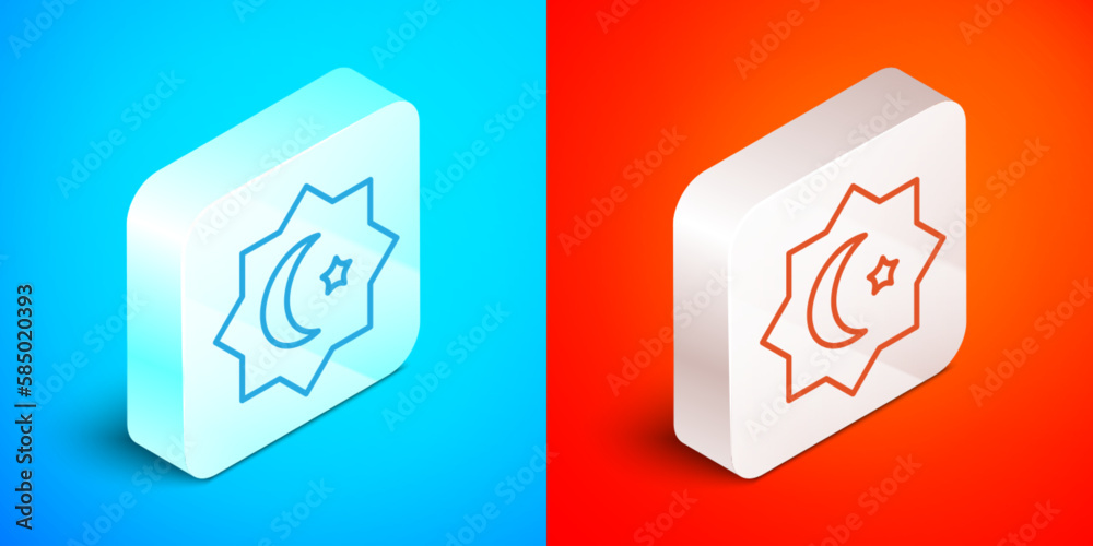 Poster Isometric line Islamic octagonal star ornament icon isolated on blue and red background. Silver square button. Vector