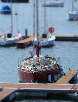 Sailing yacht moored on pontoon, Dublin Bay. Selective focus
