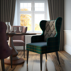 Cozy modern living room interior with Tartan armchair and decoration room big window in the background, Generative AI
