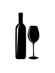 bottle and glass of wine. Wine bottle and glass silhouette - vector illustration.. Bottle of wine and wineglass vector icon, logo, sign, emblem, silhouette isolated on white background. 