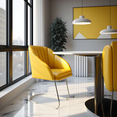 Cozy modern living room interior with yellow armchair and decoration room big window in the background, Generative AI
