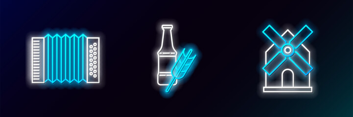 Set line Windmill, Musical instrument accordion and Beer bottle icon. Glowing neon. Vector
