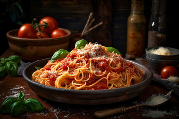 Delicious spaghetti pasta with tomato sauce and Parmesan cheese.