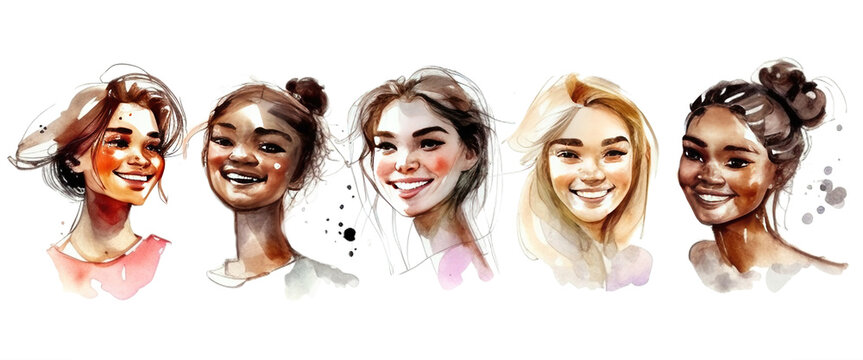 Smiling happy faces of girls of different nationalities with different hairstyles, watercolor illustration, with paint streaks and watercolor splashes. Created with Generative AI.