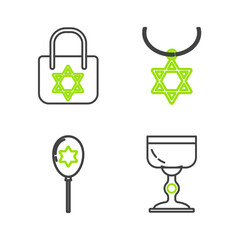 Set line Jewish goblet, Balloons with ribbon with star of david, Star David necklace chain and Shopping bag icon. Vector