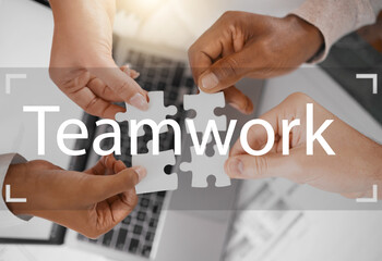Puzzle, teamwork text or engineering hands in meeting for solutions, support or partnership with word overlay. Top, jigsaw zoom or group of people problem solving business goals or target together