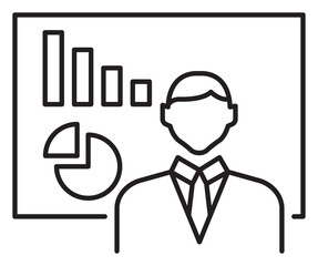 Fototapeta na wymiar Project management man in a suit, charts, scoreboard, business analyst vector icon illustration