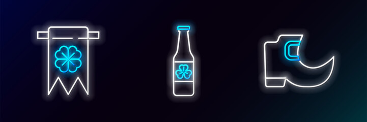 Set line Tradition leprechaun boots, Four leaf clover and party pennant and Beer bottle with four icon. Glowing neon. Vector