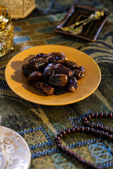 kurma or dates fruits, one of sunnah foods for iftar breakfasting. selective focus