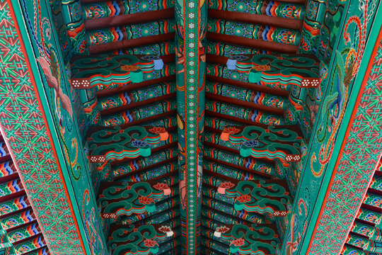 Ceiling with colorful traditional patterns.