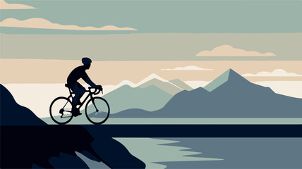 Obraz premium Man cylcing between the mountains and the beach. Healthy activity. Bike trip. Ecological transportation. Vector art of biker traveling. Sport athlete competing. Hipster lifestyle vacation. Pedal racer