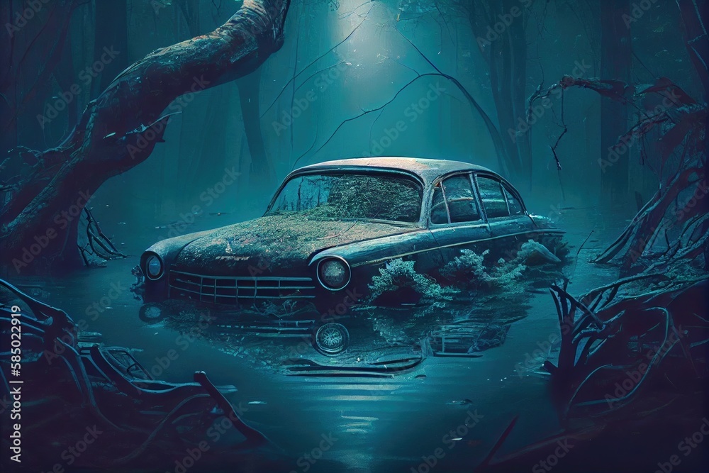 Wall mural flooded dangerous forest abandoned car in disaster consequences, created with generative ai