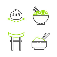 Set line Rice in a bowl with chopstick, Japan Gate, Asian noodles and chopsticks and Khinkali on cutting board icon. Vector