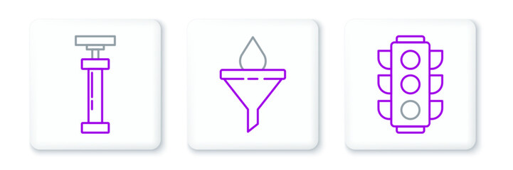 Set line Traffic light, and Funnel or filter and motor oil drop icon. Vector