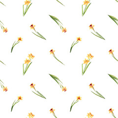 Watercolor floral seamless pattern with yellow daffodils on a white background. Delicate floral background. Children's textiles, wrapping paper.