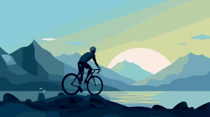 Fotobehang Man cylcing between the mountains and the beach. Healthy activity. Bike trip. Ecological transportation. Vector art of biker traveling. Sport athlete competing. Hipster lifestyle vacation. Pedal racer © Fortis Design