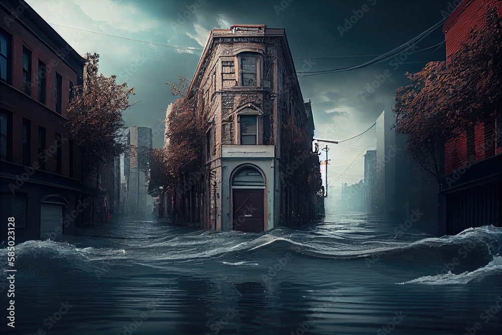 Wall mural dangerous flooding and high water after disaster in city flood consequences, created with generative ai